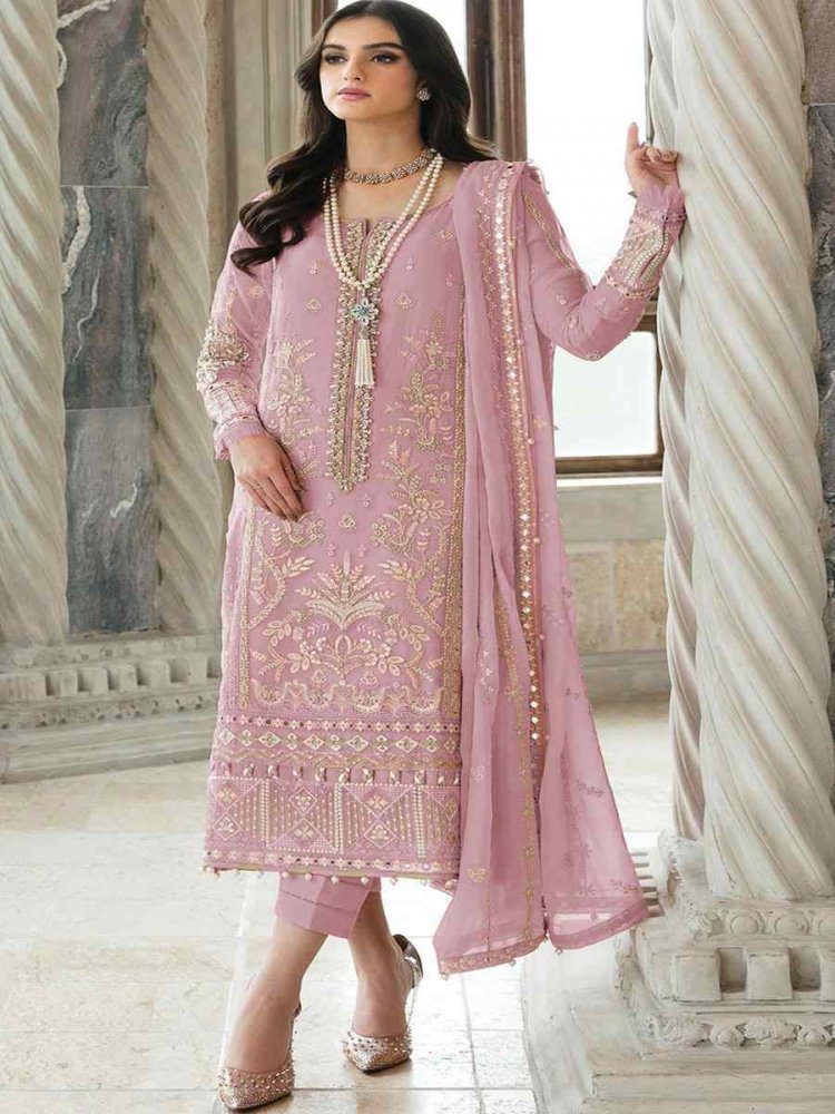 Pink Heavy Faux Georgette Embroidered Festival Casual Pant Salwar Kameez
