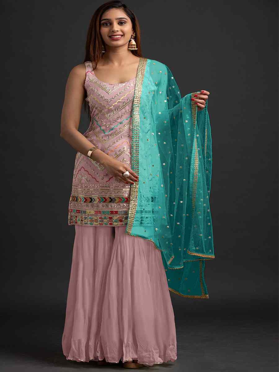 Pink Heavy Faux Georgette Embroidered Festival Mehendi Palazzo Pant Salwar Kameez
