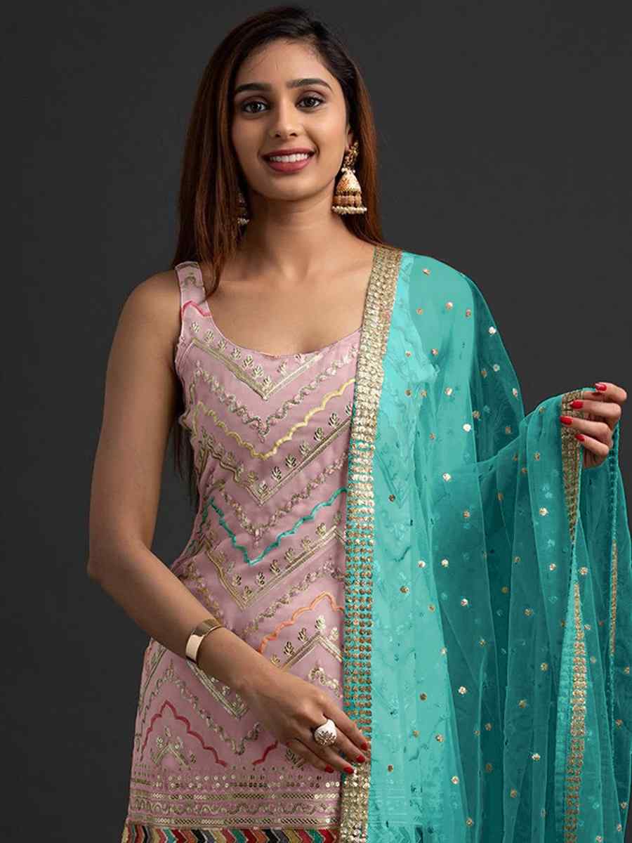 Pink Heavy Faux Georgette Embroidered Festival Mehendi Palazzo Pant Salwar Kameez