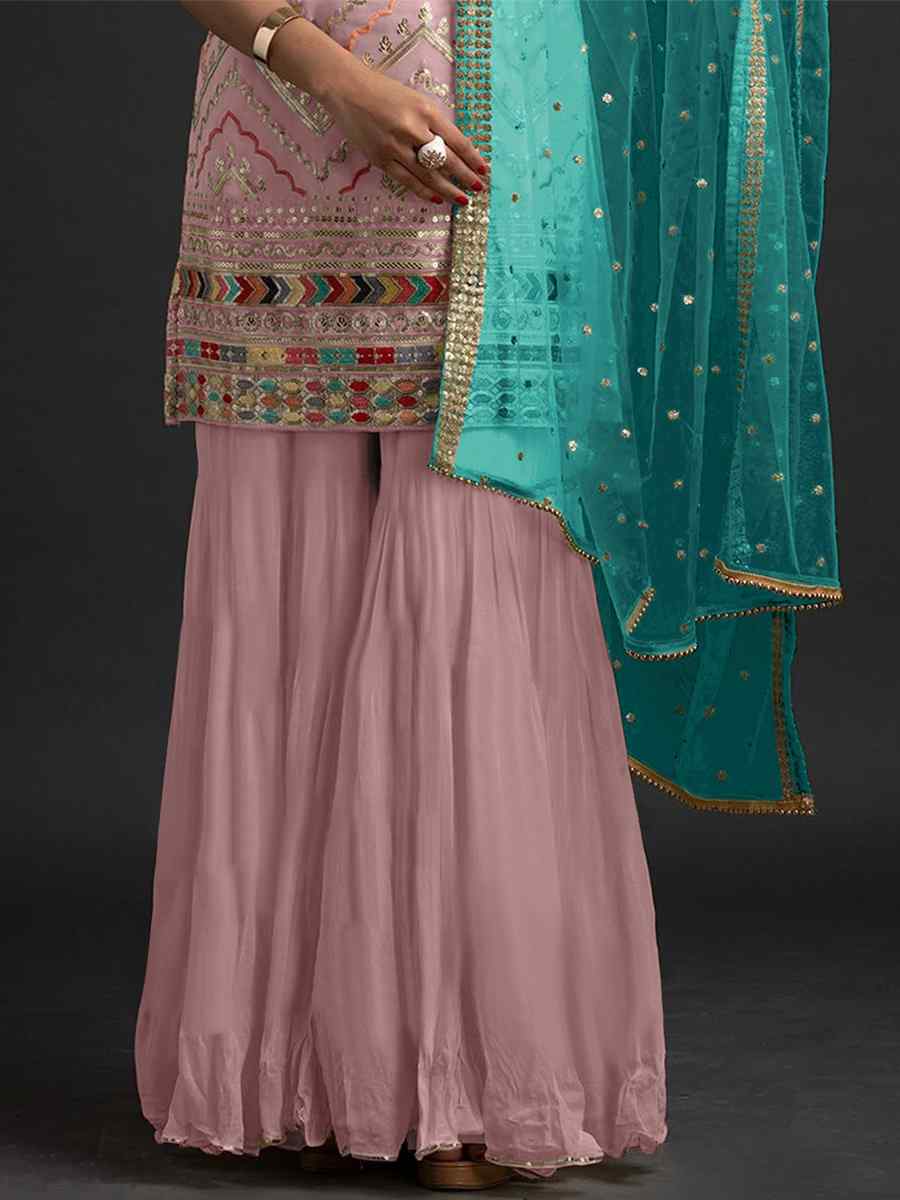 Pink Heavy Faux Georgette Embroidered Festival Mehendi Palazzo Pant Salwar Kameez