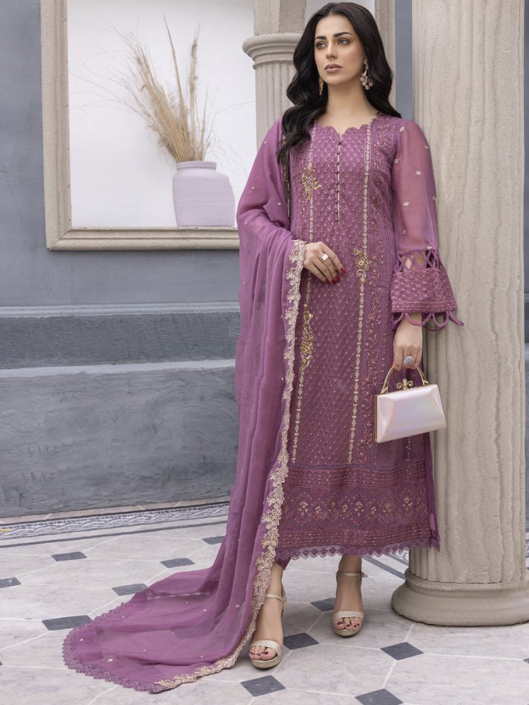 Faux Georgette Pink Embroidered Pant Style Suit