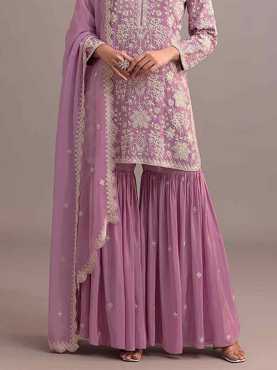 Pink Heavy Faux Georgette Embroidered Festival Mehendi Sharara Pant Salwar Kameez