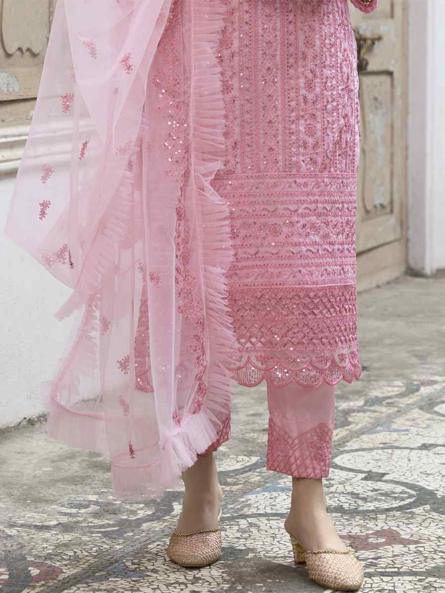 Pink Heavy Faux Georgette Embroidered Festival Party Pant Salwar Kameez