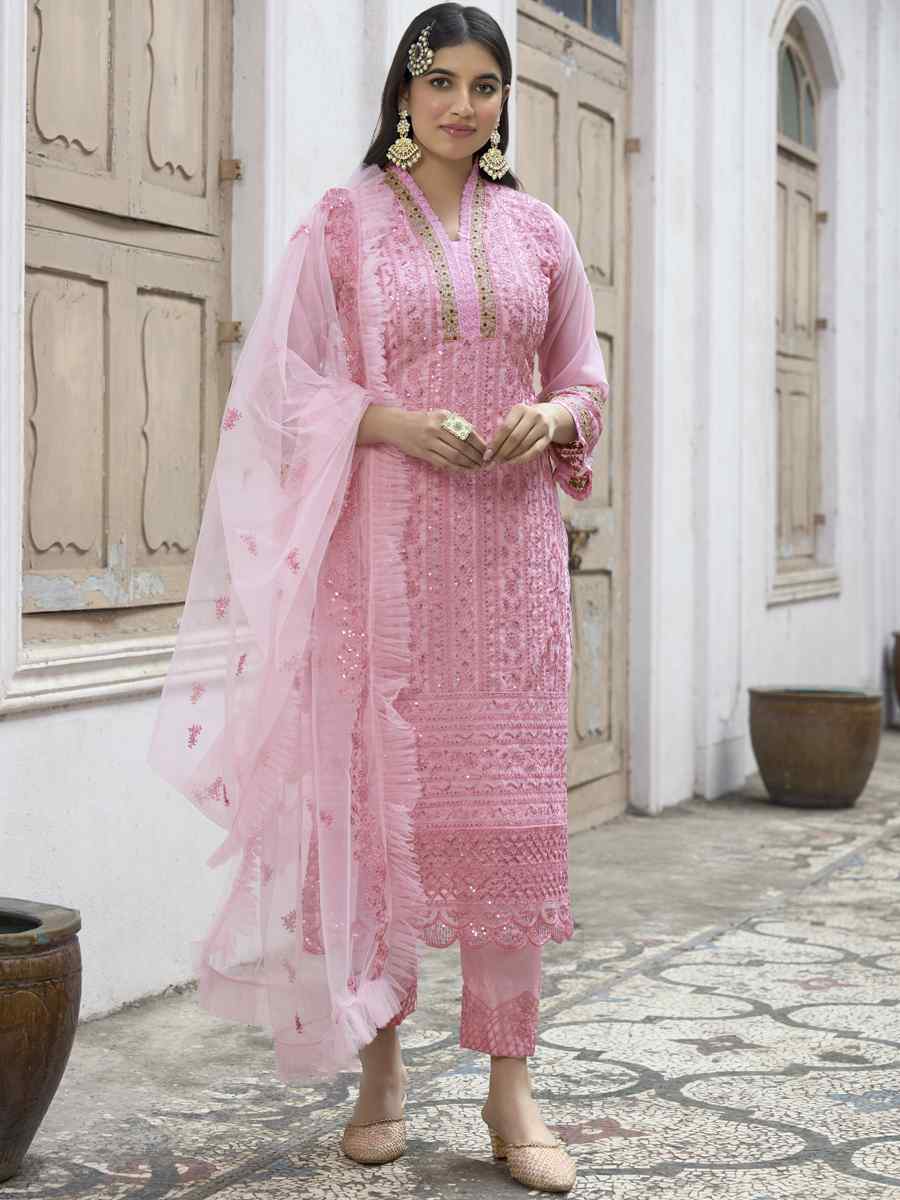 Pink Heavy Faux Georgette Embroidered Festival Party Pant Salwar Kameez