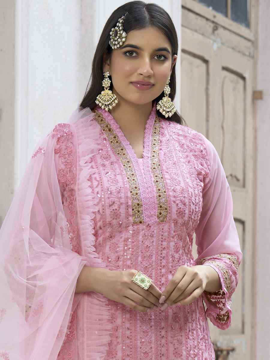 Pink Heavy Faux Georgette Embroidered Festival Party Pant Salwar Kameez