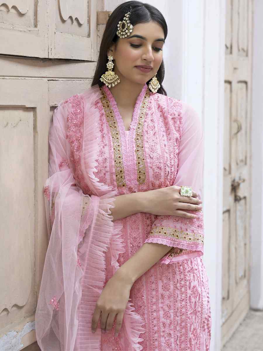 Pink Heavy Faux Georgette Embroidered Festival Party Pant Salwar Kameez