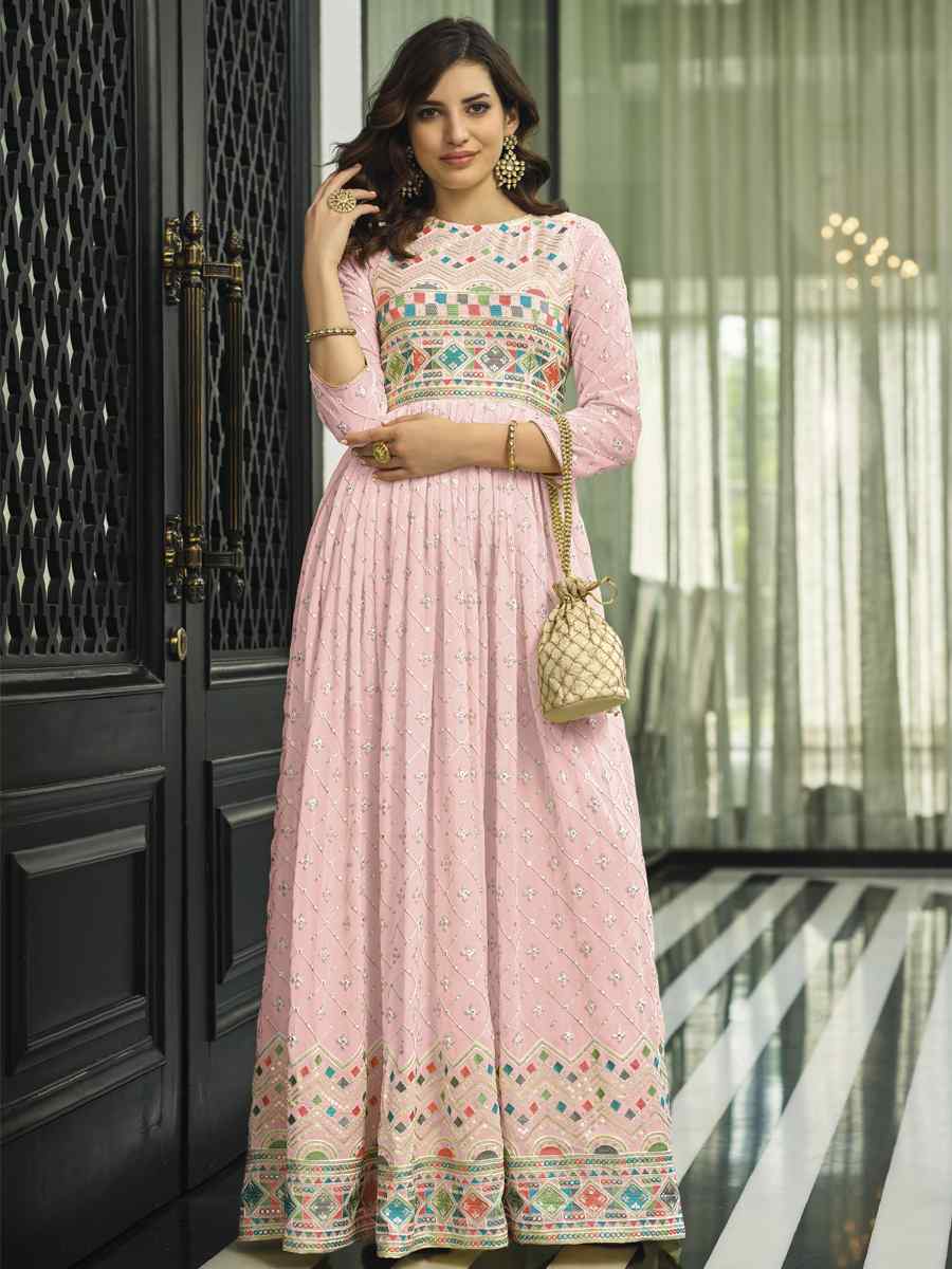 Pink Heavy Faux Georgette Embroidered Festival Wedding Anarkali Salwar Kameez