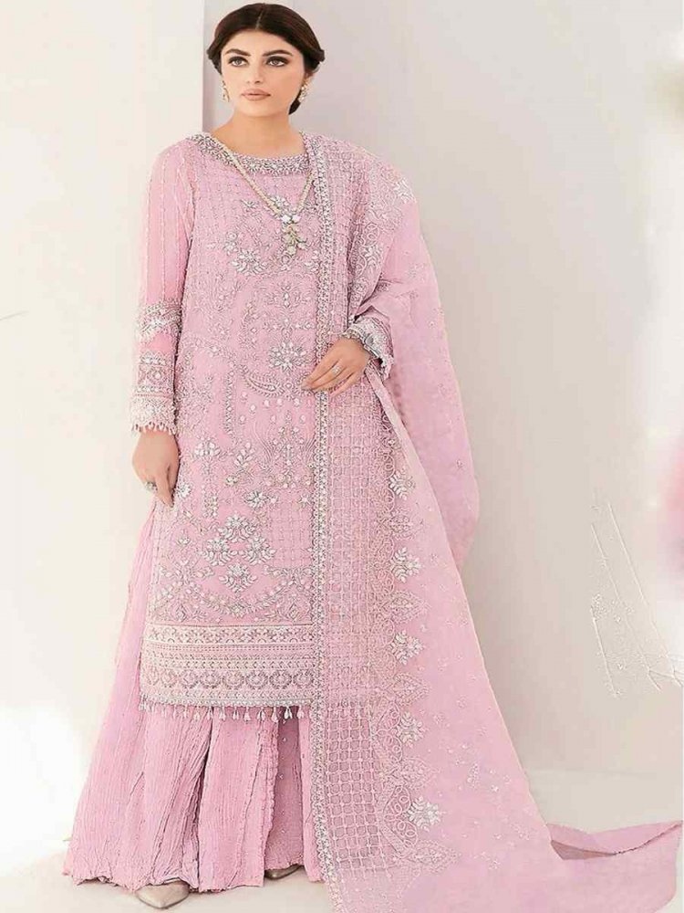 Pink Heavy Faux Georgette Embroidered Festival Wedding Palazzo Pant Salwar Kameez