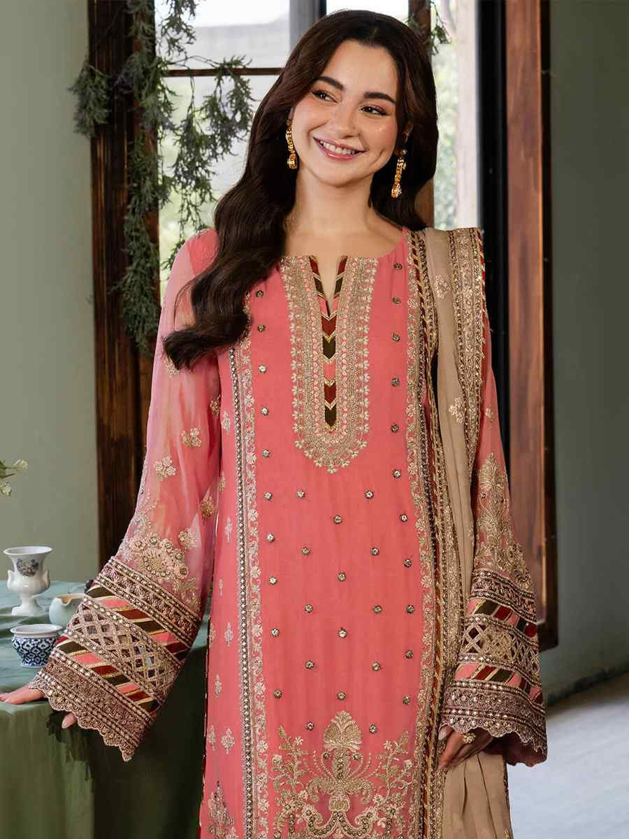Pink Heavy Faux Georgette Embroidered Festival Wedding Palazzo Pant Salwar Kameez