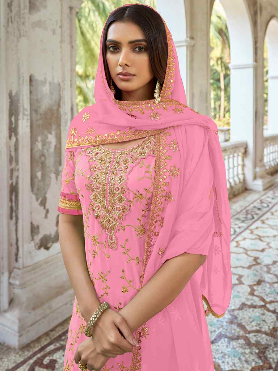 Pink Heavy Faux Georgette Embroidered Festival Wedding Palazzo Pant Salwar Kameez