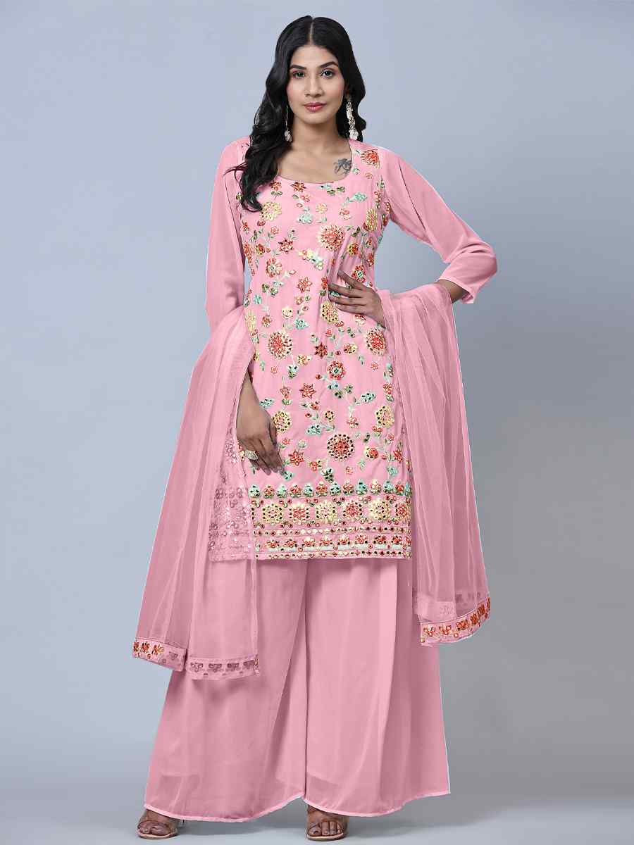 Pink Heavy Faux Georgette Embroidered Festival Wedding Palazzo Pant Salwar Kameez