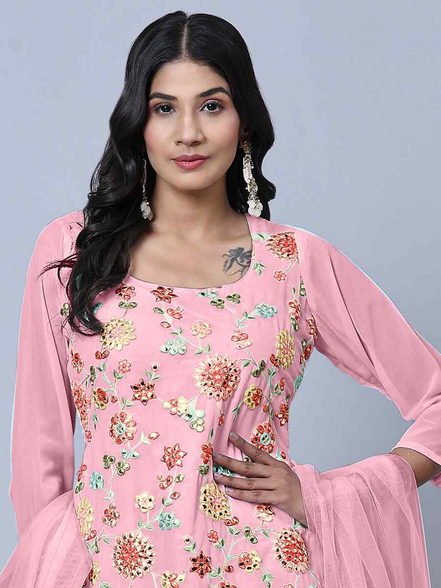 Pink Heavy Faux Georgette Embroidered Festival Wedding Palazzo Pant Salwar Kameez