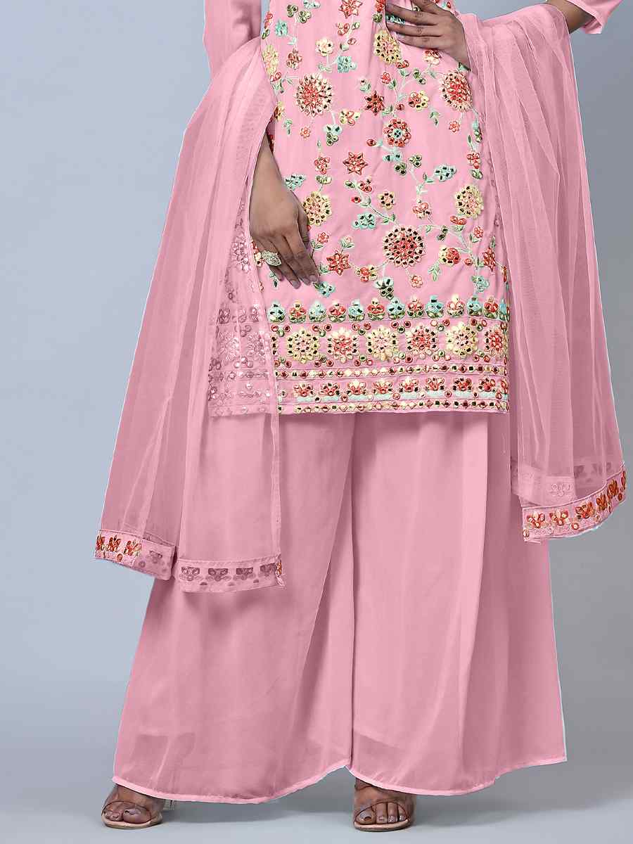 Pink Heavy Faux Georgette Embroidered Festival Wedding Palazzo Pant Salwar Kameez