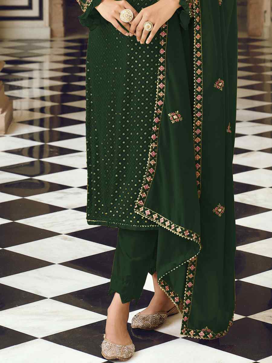 Green Heavy Faux Georgette Embroidered Festival Wedding Pant Salwar Kameez