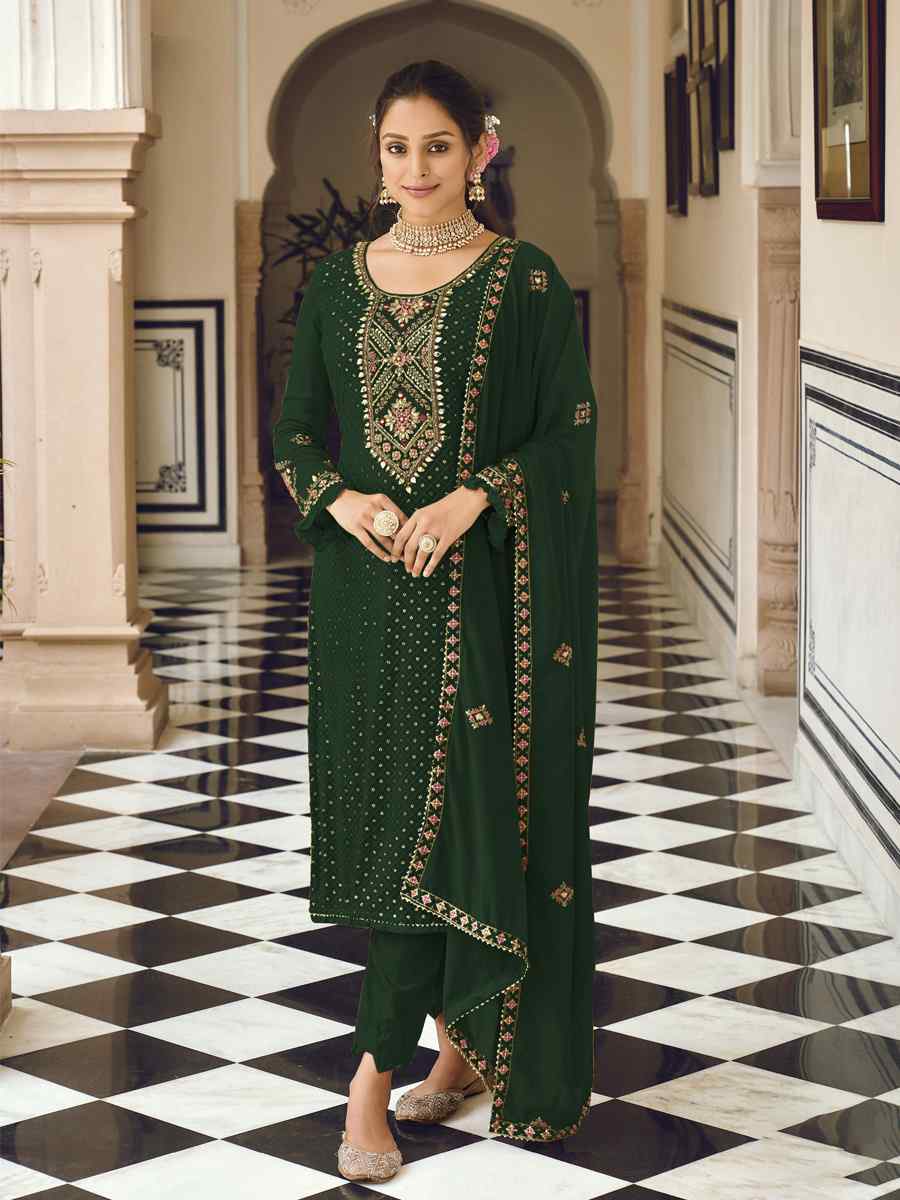 Green Heavy Faux Georgette Embroidered Festival Wedding Pant Salwar Kameez