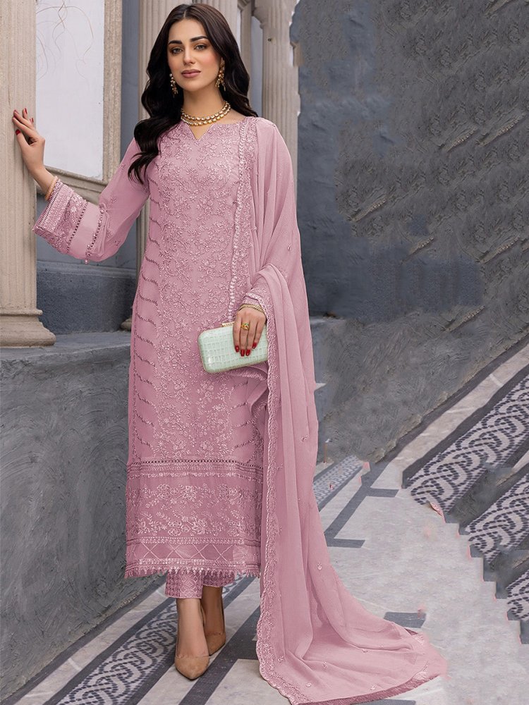 Pink Heavy Faux Georgette Embroidered Festival Wedding Pant Salwar Kameez