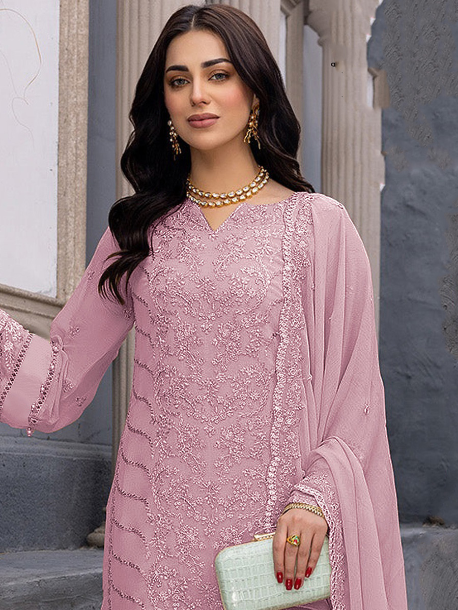 Pink Heavy Faux Georgette Embroidered Festival Wedding Pant Salwar Kameez