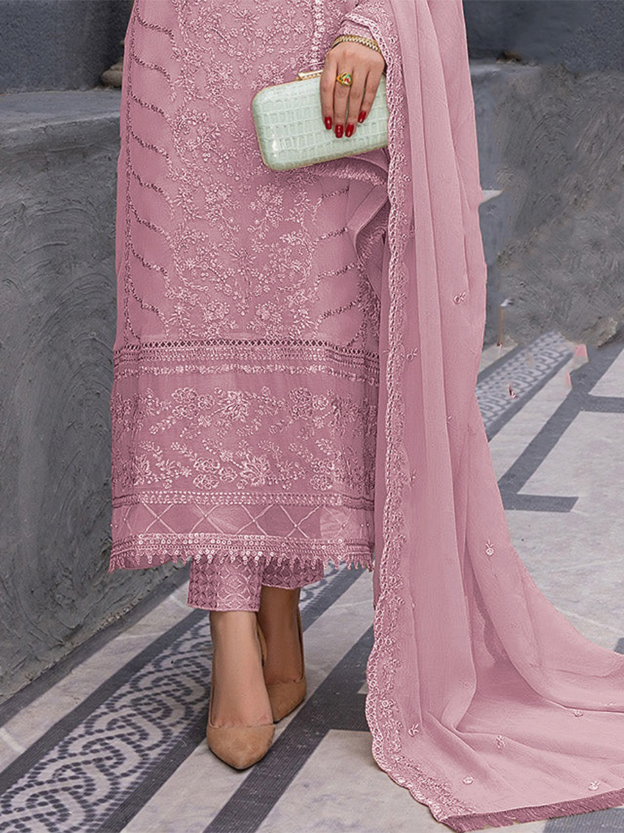 Pink Heavy Faux Georgette Embroidered Festival Wedding Pant Salwar Kameez