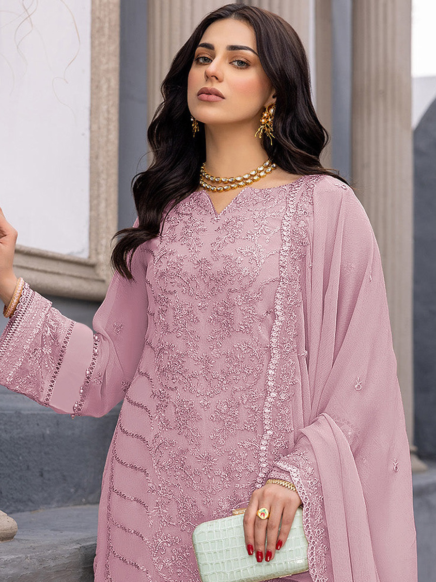 Pink Heavy Faux Georgette Embroidered Festival Wedding Pant Salwar Kameez