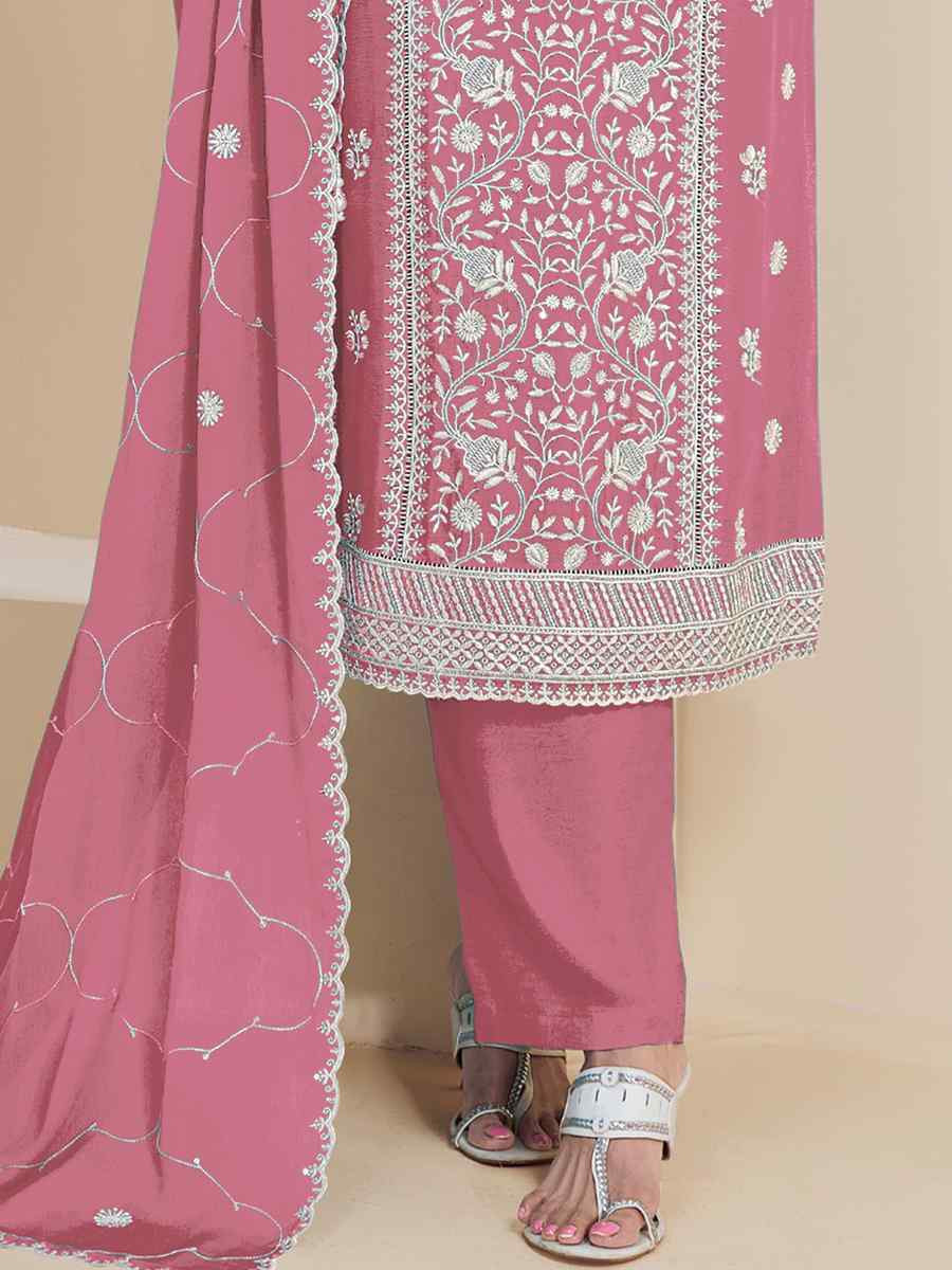 Pink Heavy Faux Georgette Embroidered Festival Wedding Pant Salwar Kameez