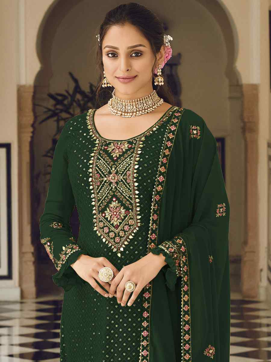 Green Heavy Faux Georgette Embroidered Festival Wedding Pant Salwar Kameez