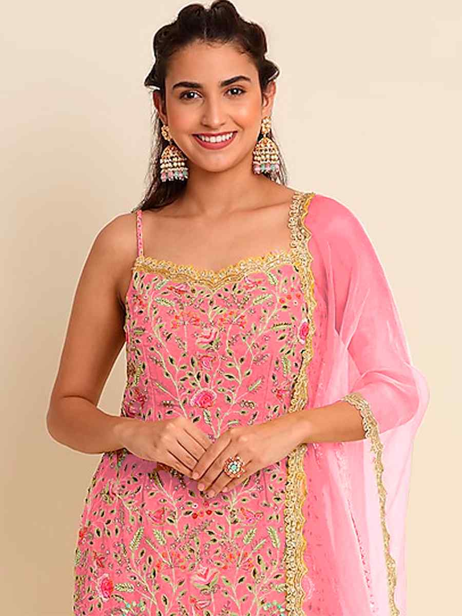 Pink Heavy Faux Georgette Embroidered Party Festival Palazzo Pant Salwar Kameez