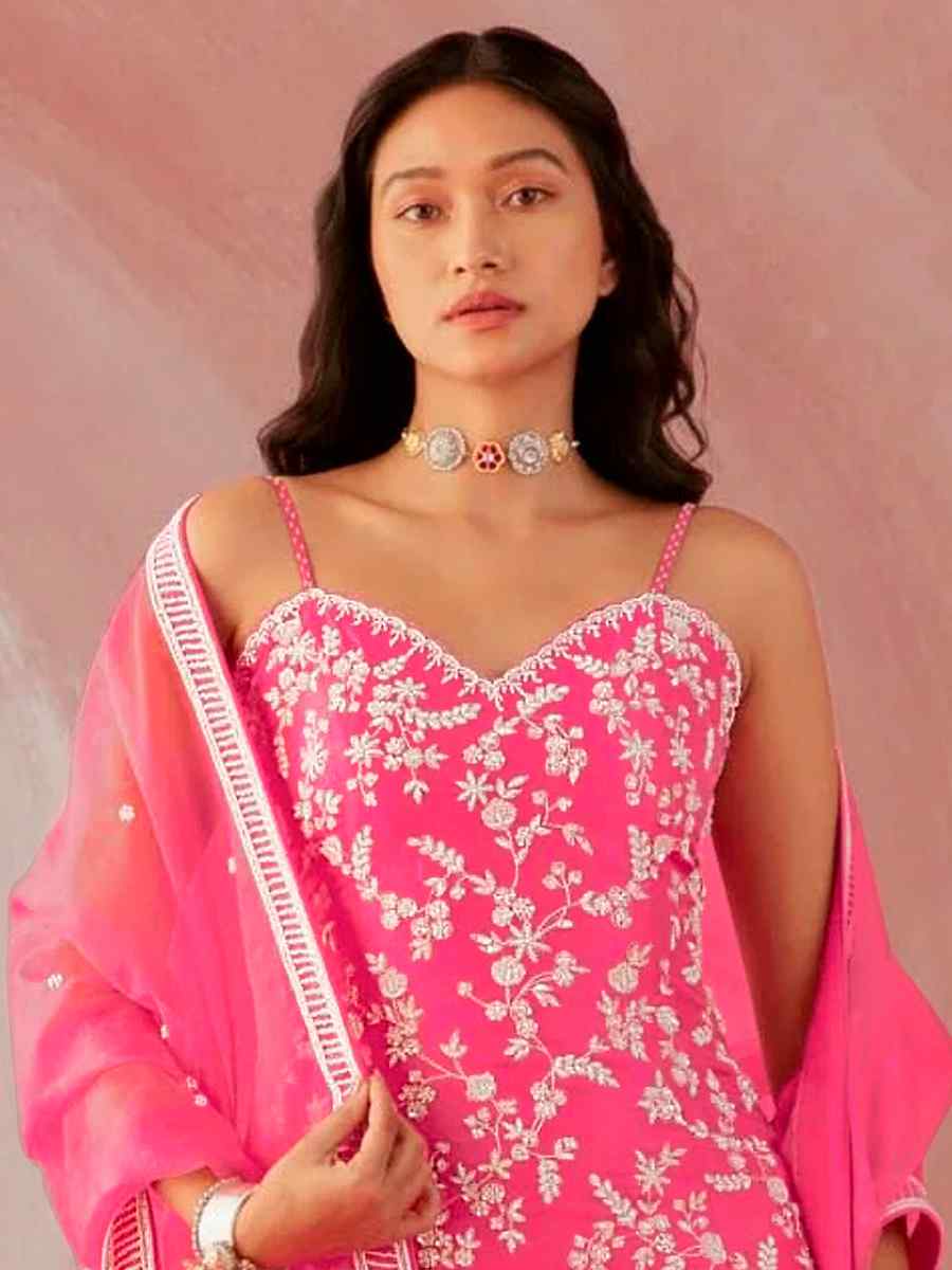 Pink Heavy Faux Georgette Embroidered Party Festival Palazzo Pant Salwar Kameez