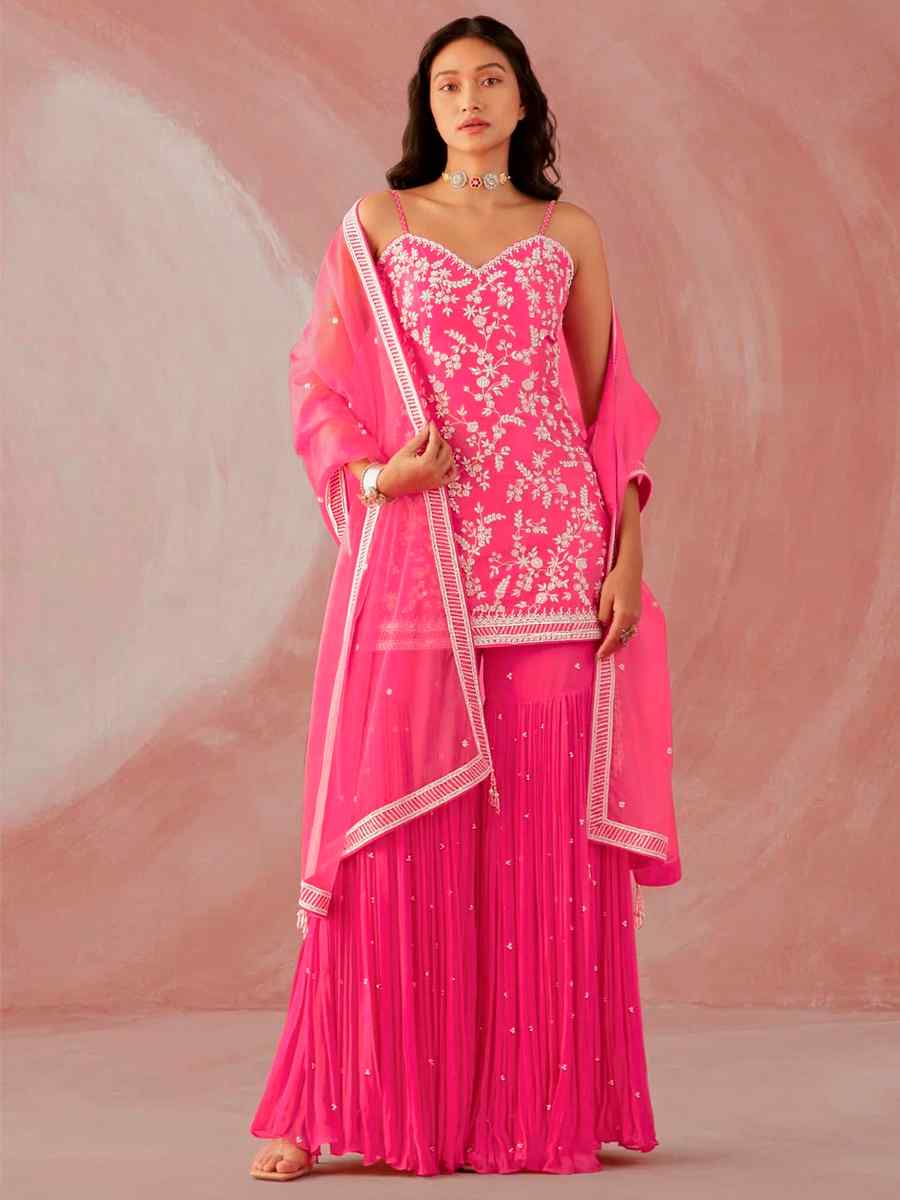 Pink Heavy Faux Georgette Embroidered Party Festival Palazzo Pant Salwar Kameez