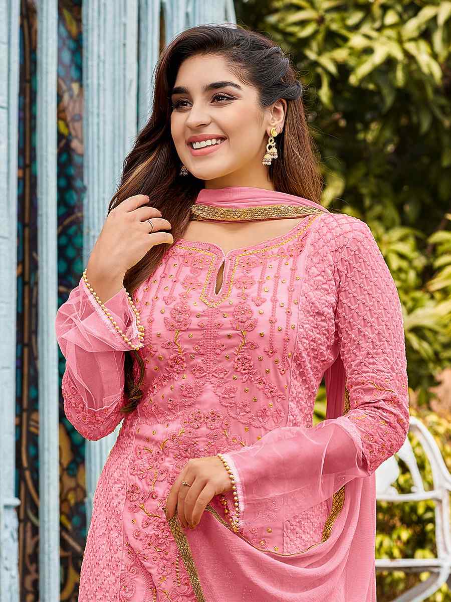 Pink Heavy Faux Georgette Embroidered Party Festival Pant Salwar Kameez