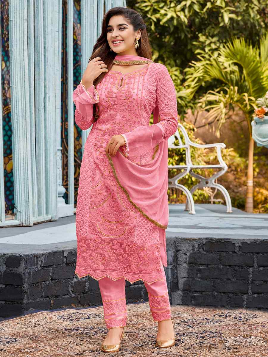 Pink Heavy Faux Georgette Embroidered Party Festival Pant Salwar Kameez