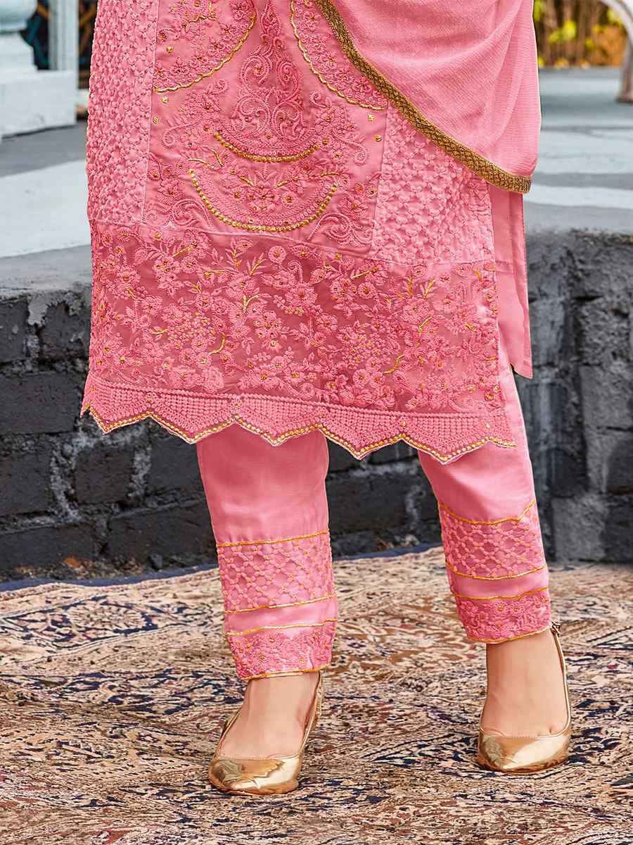 Pink Heavy Faux Georgette Embroidered Party Festival Pant Salwar Kameez