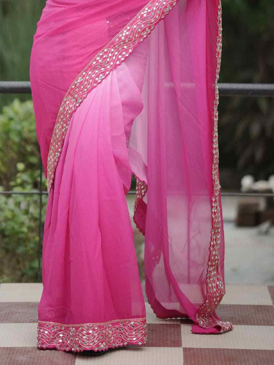 Pink Heavy Faux Georgette Embroidery Bridal Festival Wedding Traditional Fancy Heavy Border Sarees