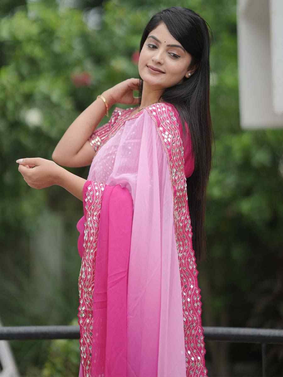 Pink Heavy Faux Georgette Embroidery Bridal Festival Wedding Traditional Fancy Heavy Border Sarees