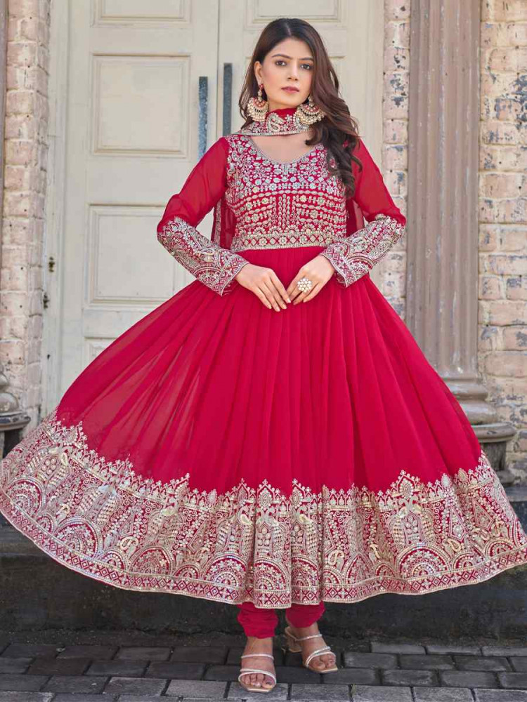Image of Pink Heavy Faux Georgette Embroidery Party Wedding Festival Casual Ready Anarkali Salwar Kameez