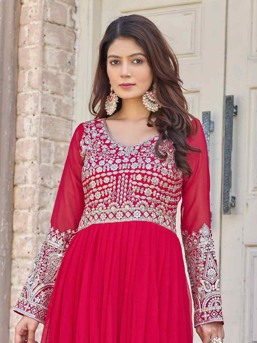 Pink Heavy Faux Georgette Embroidery Party Wedding Festival Casual Ready Anarkali Salwar Kameez