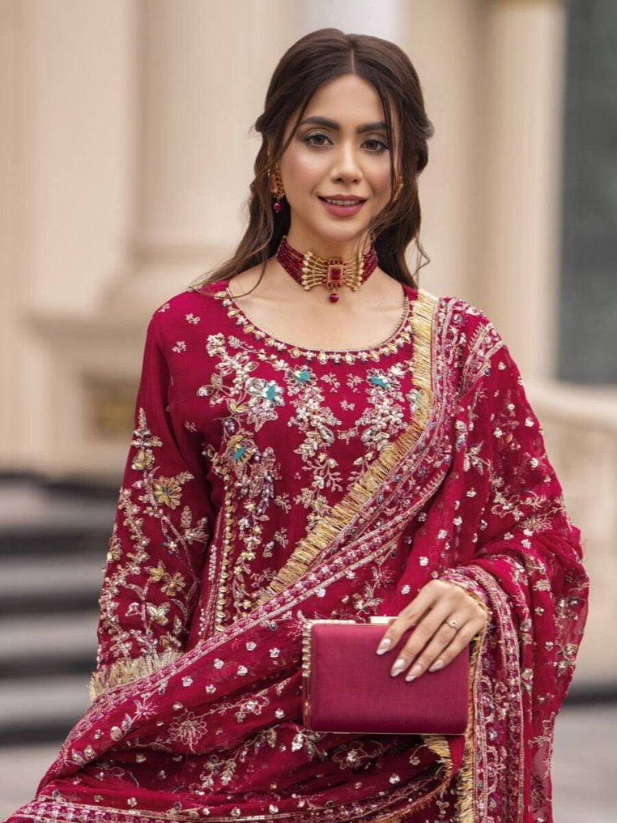 Pink Heavy Faux Georgette Embroidery Sequins Stone Wedding Festival Party Reday Palazzo Pant Salwar Kameez