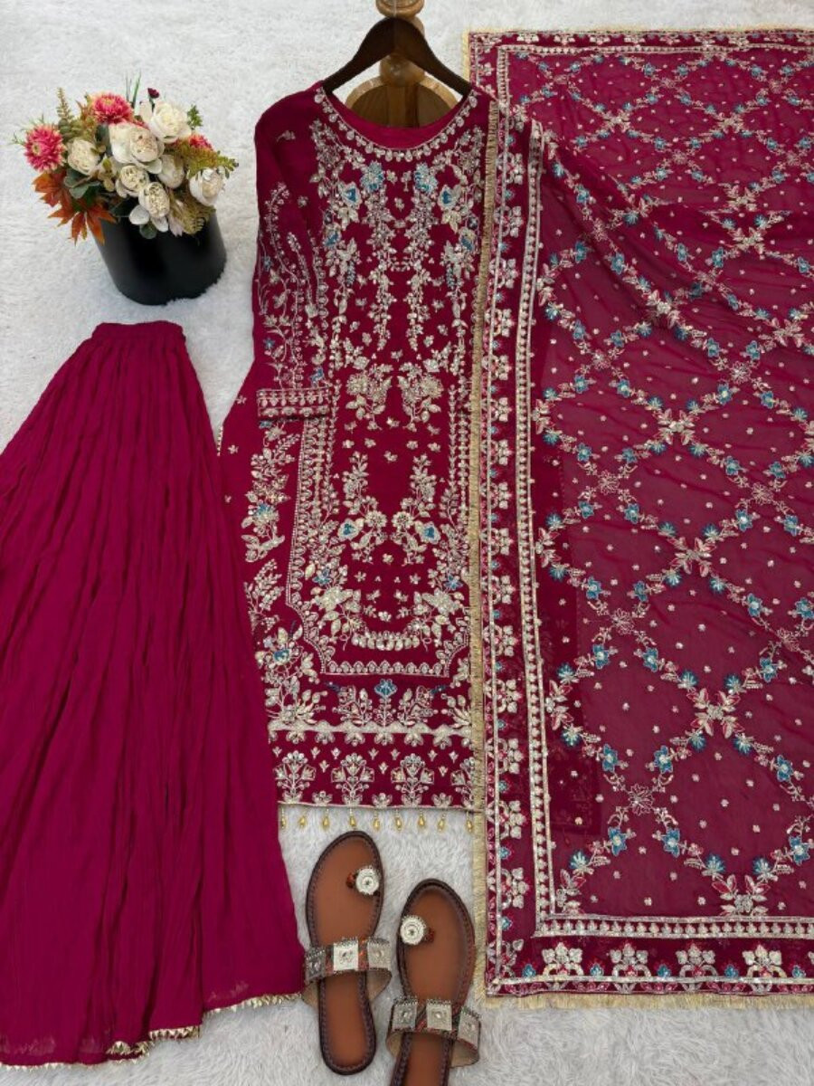 Pink Heavy Faux Georgette Embroidery Sequins Stone Wedding Festival Party Reday Palazzo Pant Salwar Kameez