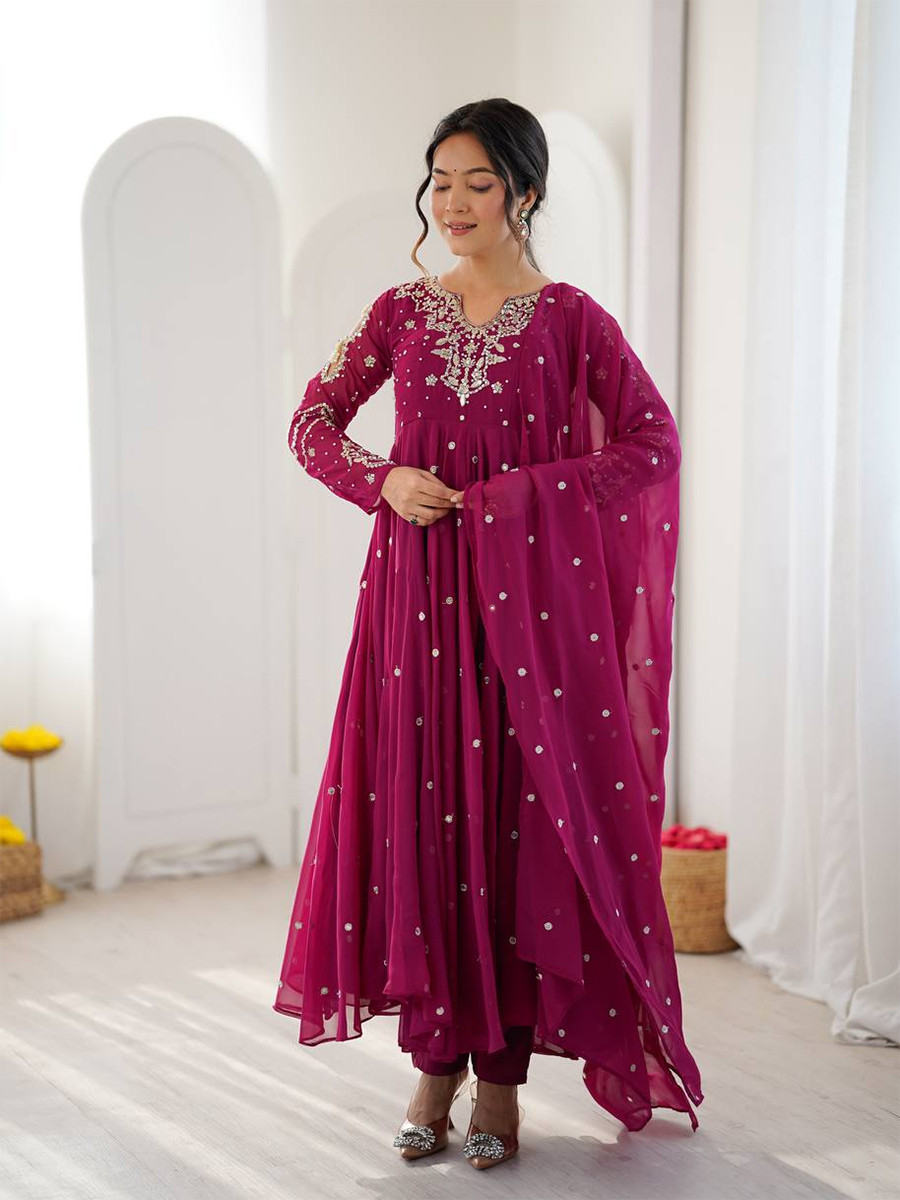 Pink Heavy Faux Georgette Embroidery Wedding Party Festival Casual Ready Anarkali Pant Salwar Kameez