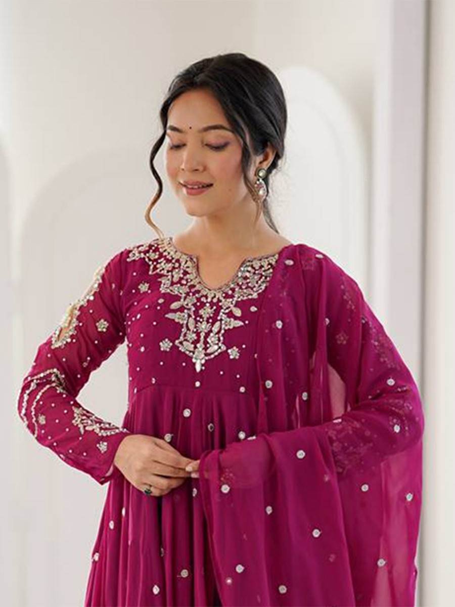 Pink Heavy Faux Georgette Embroidery Wedding Party Festival Casual Ready Anarkali Pant Salwar Kameez