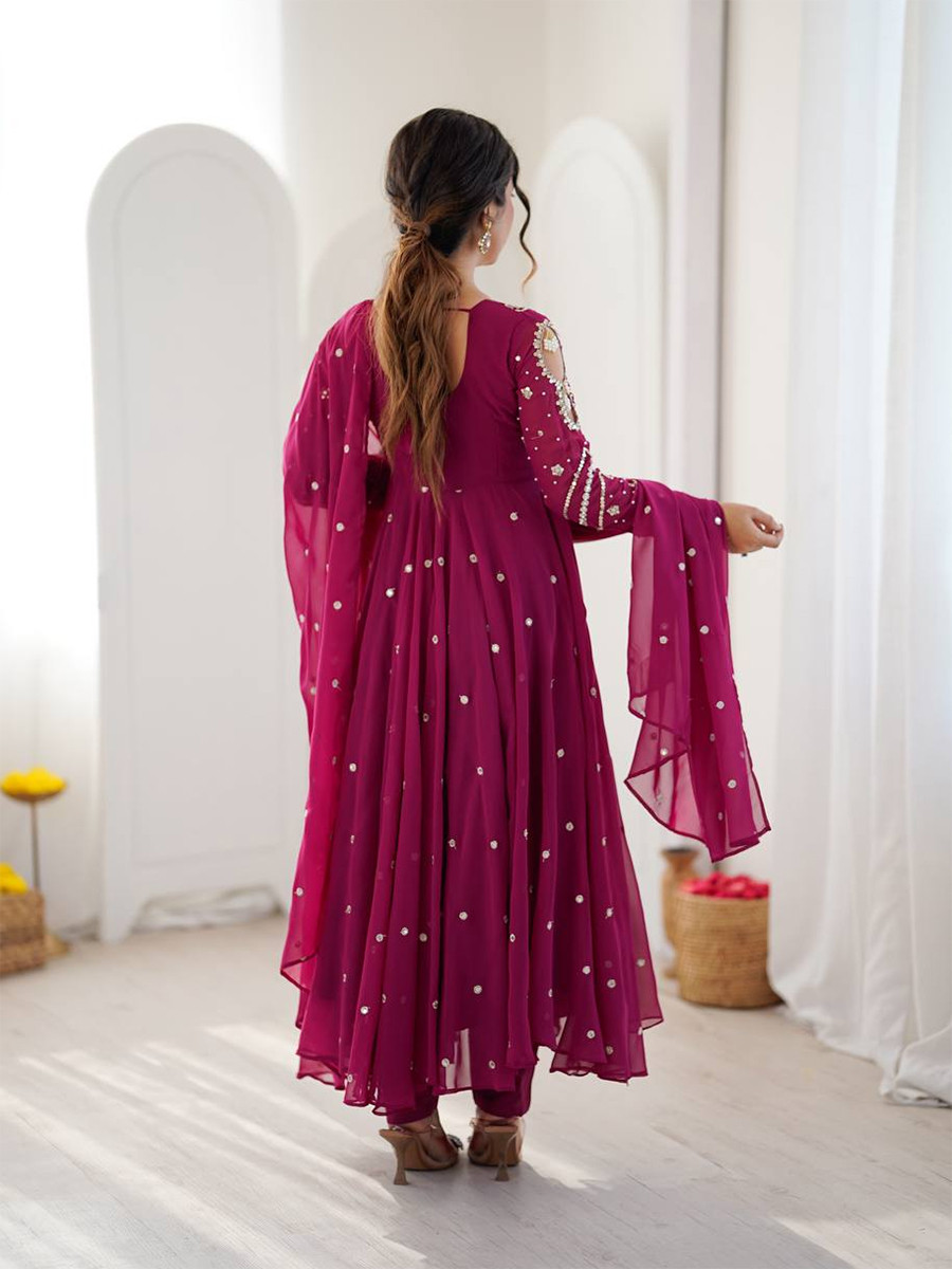 Pink Heavy Faux Georgette Embroidery Wedding Party Festival Casual Ready Anarkali Pant Salwar Kameez