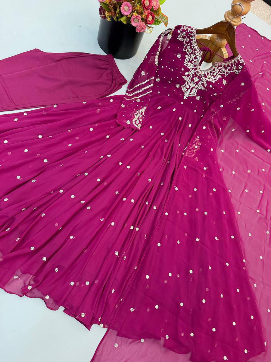 Pink Heavy Faux Georgette Embroidery Wedding Party Festival Casual Ready Anarkali Pant Salwar Kameez
