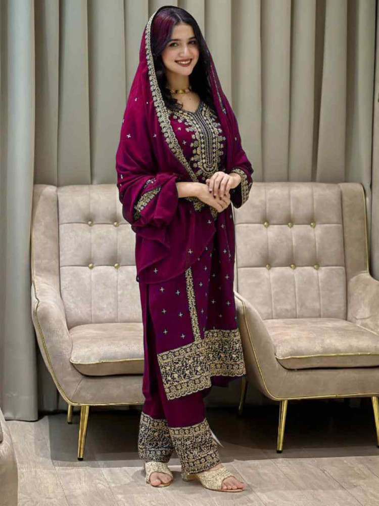 Image of Pink Heavy Foux Georgette Embroidery Party Wedding Festival Casual Ready Pant Salwar Kameez