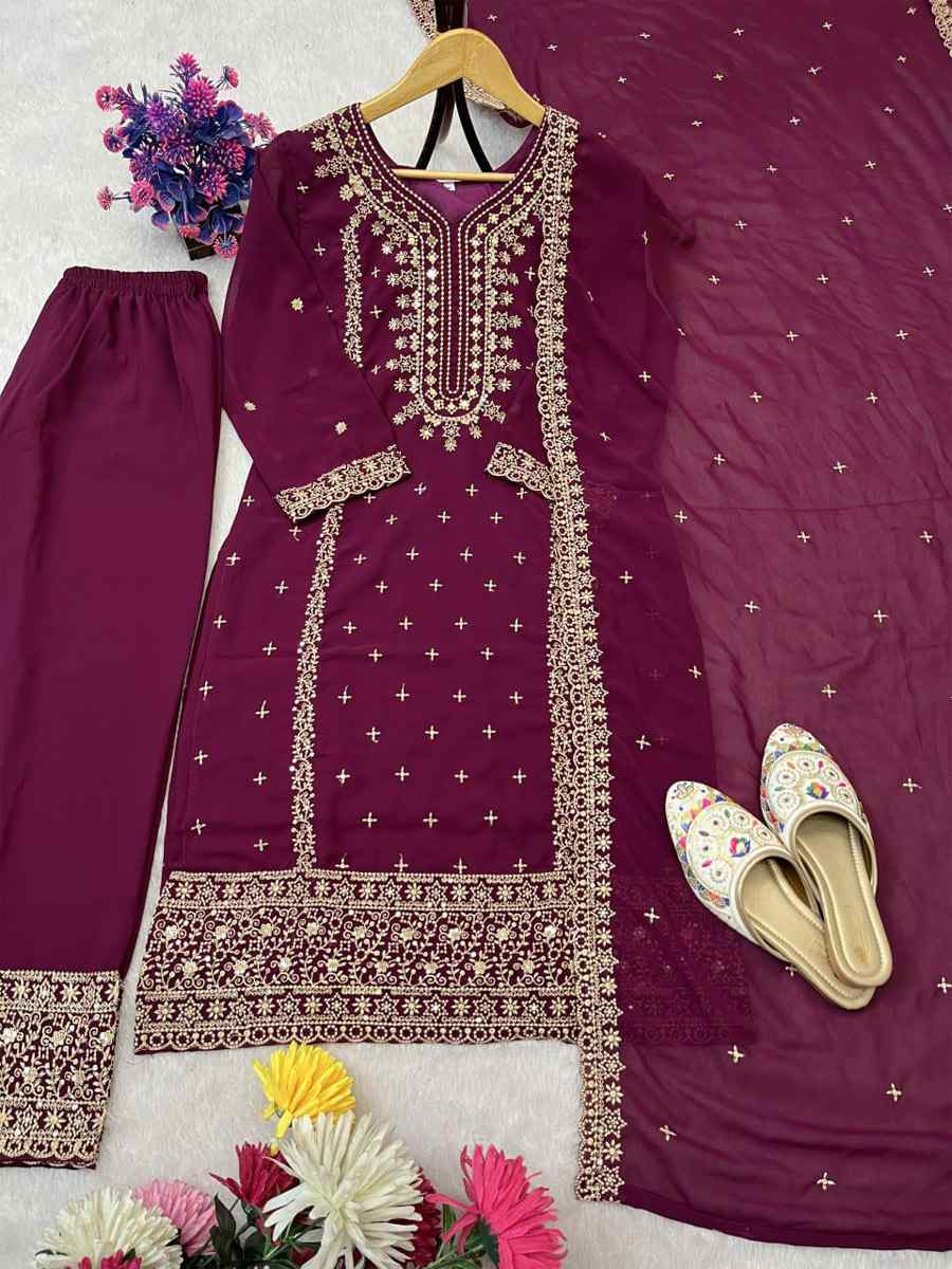 Pink Heavy Foux Georgette Embroidery Party Wedding Festival Casual Ready Pant Salwar Kameez