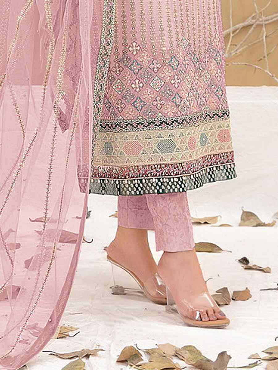 Pink Heavy Fox Georgette Embroidered Festival Casual Pant Salwar Kameez