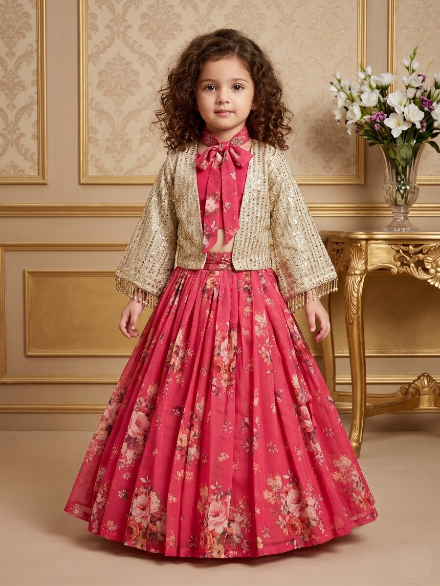 Pink Heavy Fox Georgette Embroidered Sequins Ethnic Casual Festival Party Wedding Lehengas Girls Wear