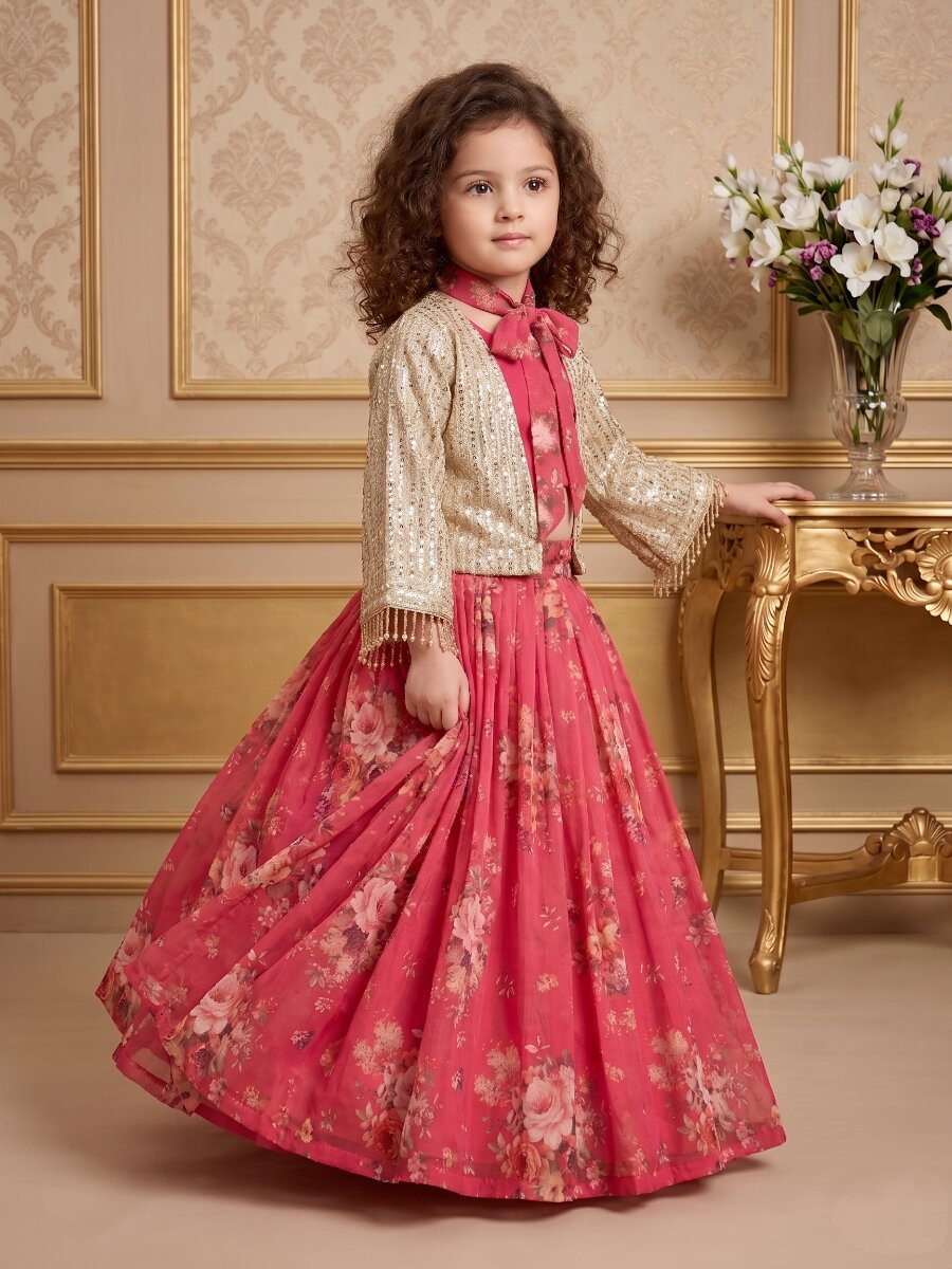 Pink Heavy Fox Georgette Embroidered Sequins Ethnic Casual Festival Party Wedding Lehengas Girls Wear