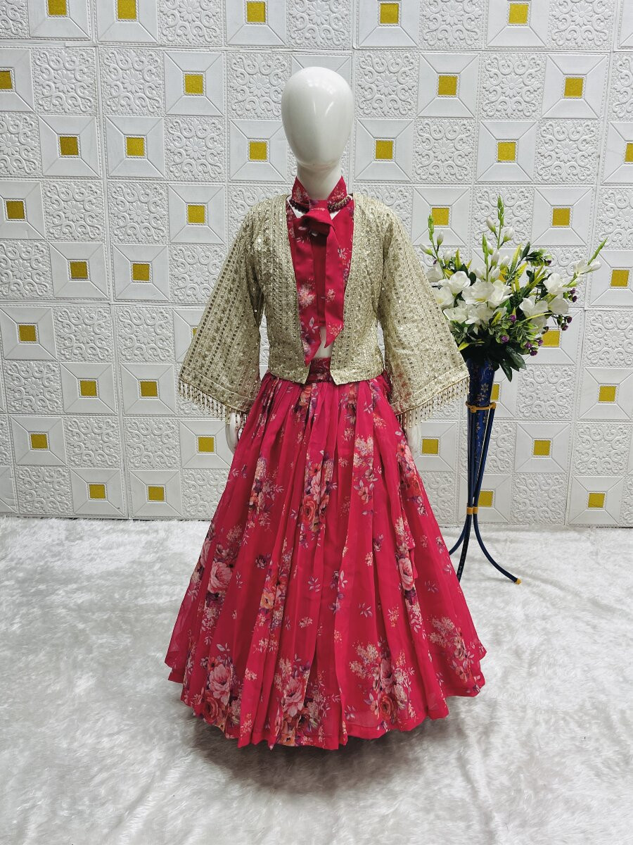 Pink Heavy Fox Georgette Embroidered Sequins Ethnic Casual Festival Party Wedding Lehengas Girls Wear