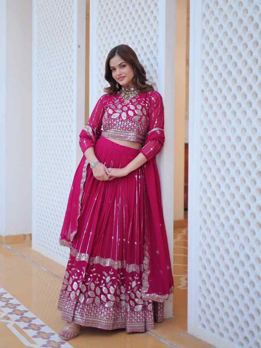 Pink Heavy Fox Georgette Embroidered Wedding Reception Festival Heavy Border Lehenga Choli