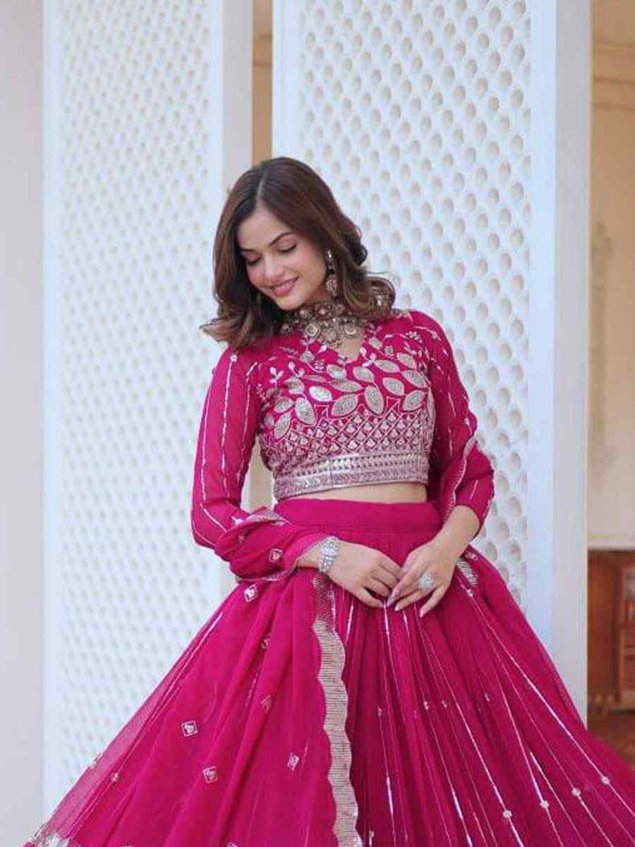 Pink Heavy Fox Georgette Embroidered Wedding Reception Festival Heavy Border Lehenga Choli