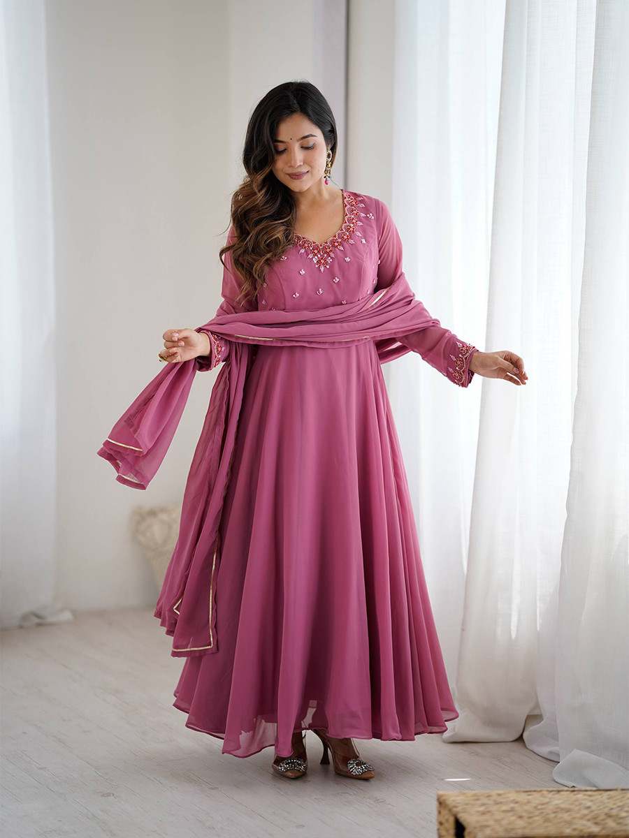 Pink Heavy Fox Georgette Embroidery Wedding Party Festival Casual Ready Anarkali Palazzo Pant Salwar Kameez